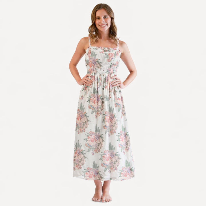 womens spaghetti tie winnie dress | cactus flower | organic cotton jersey