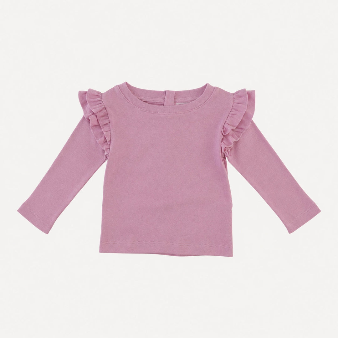 PREORDER long sleeve double ruffle shoulder top | valarian | organic cotton interlock