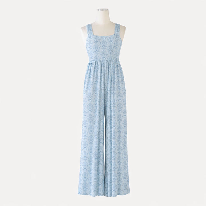 womens high waist jumpsuit | cornflower folk wallpaper | organic cotton gauze