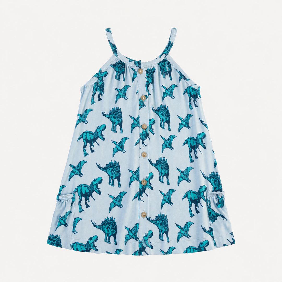 PREORDER sleeveless button pocket dress | aqua dinosaur | organic cotton interlock