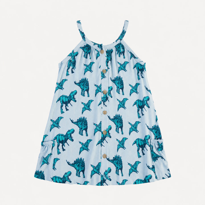 PREORDER sleeveless button pocket dress | aqua dinosaur | organic cotton interlock