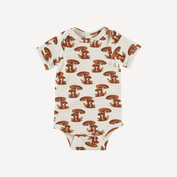 short sleeve lap neck bodysuit | caramel forest mushroom | organic cotton interlock