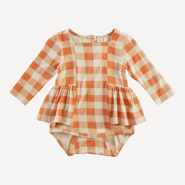 long sleeve ballerina bubble | caramel gingham | organic cotton interlock