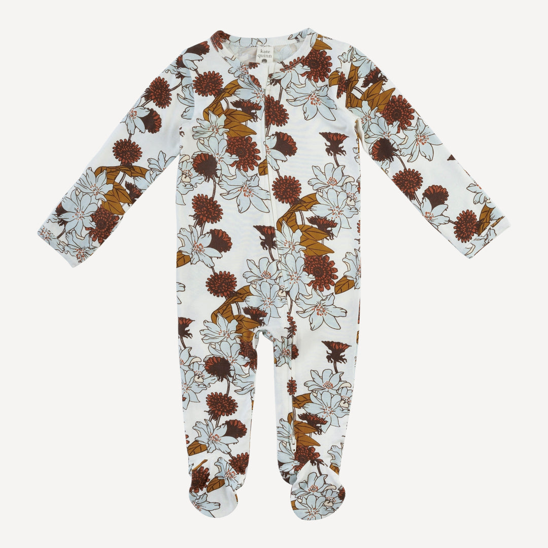 long sleeve two way zipper footie | caramel retro floral | bamboo