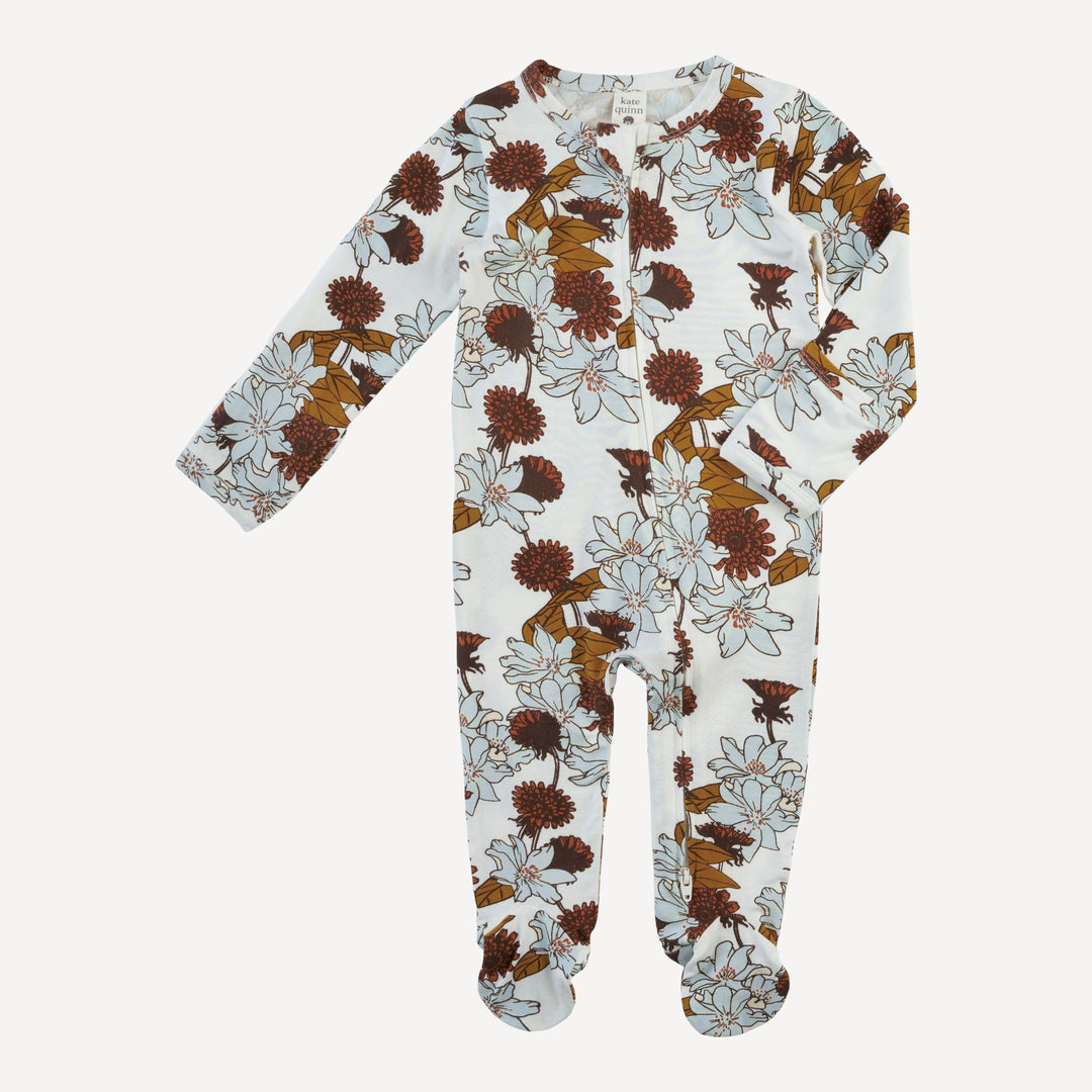 long sleeve two way zipper footie | caramel retro floral | bamboo