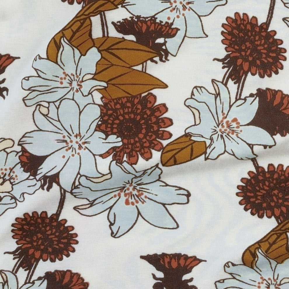 long sleeve two way zipper footie | caramel retro floral | bamboo