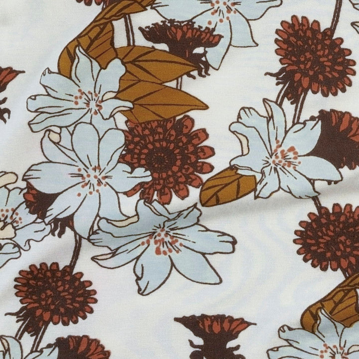 long sleeve two way zipper footie | caramel retro floral | bamboo