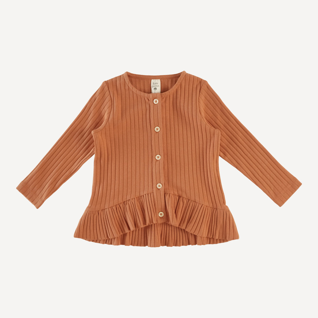 long sleeve ruffle button top | caramel | classic rib