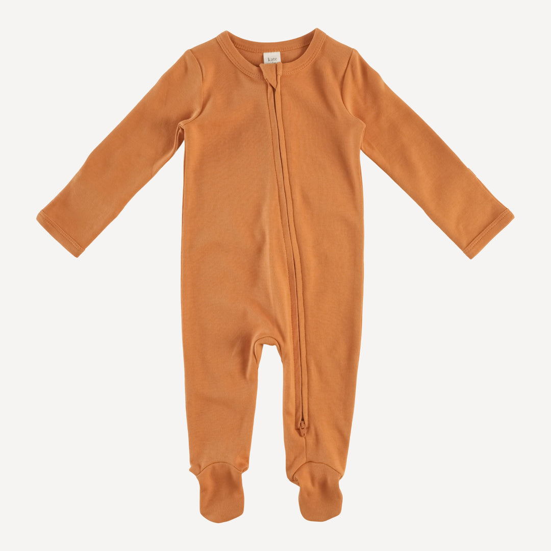 long sleeve two way zipper footie | caramel | organic cotton interlock