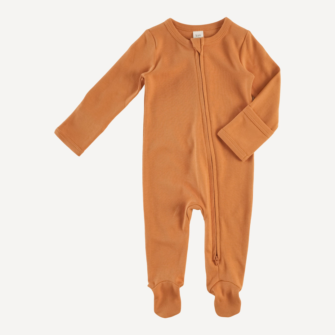 long sleeve two way zipper footie | caramel | organic cotton interlock