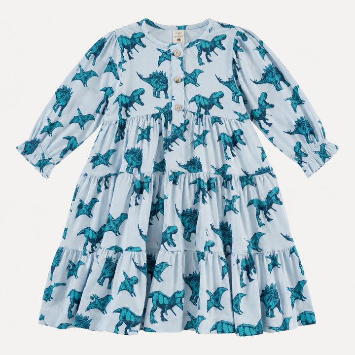 PREORDER long sleeve prairie dress | aqua dinosaur | organic cotton interlock