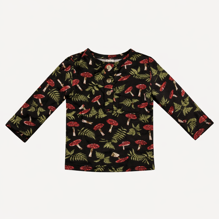 long sleeve basic henley tee | scarlet mushroom fern | organic cotton interlock