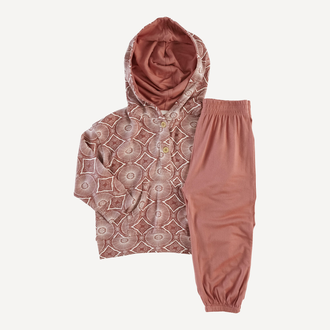 long sleeve boxy henley kanga hoodie + relaxed jogger set | cedar batik | modal