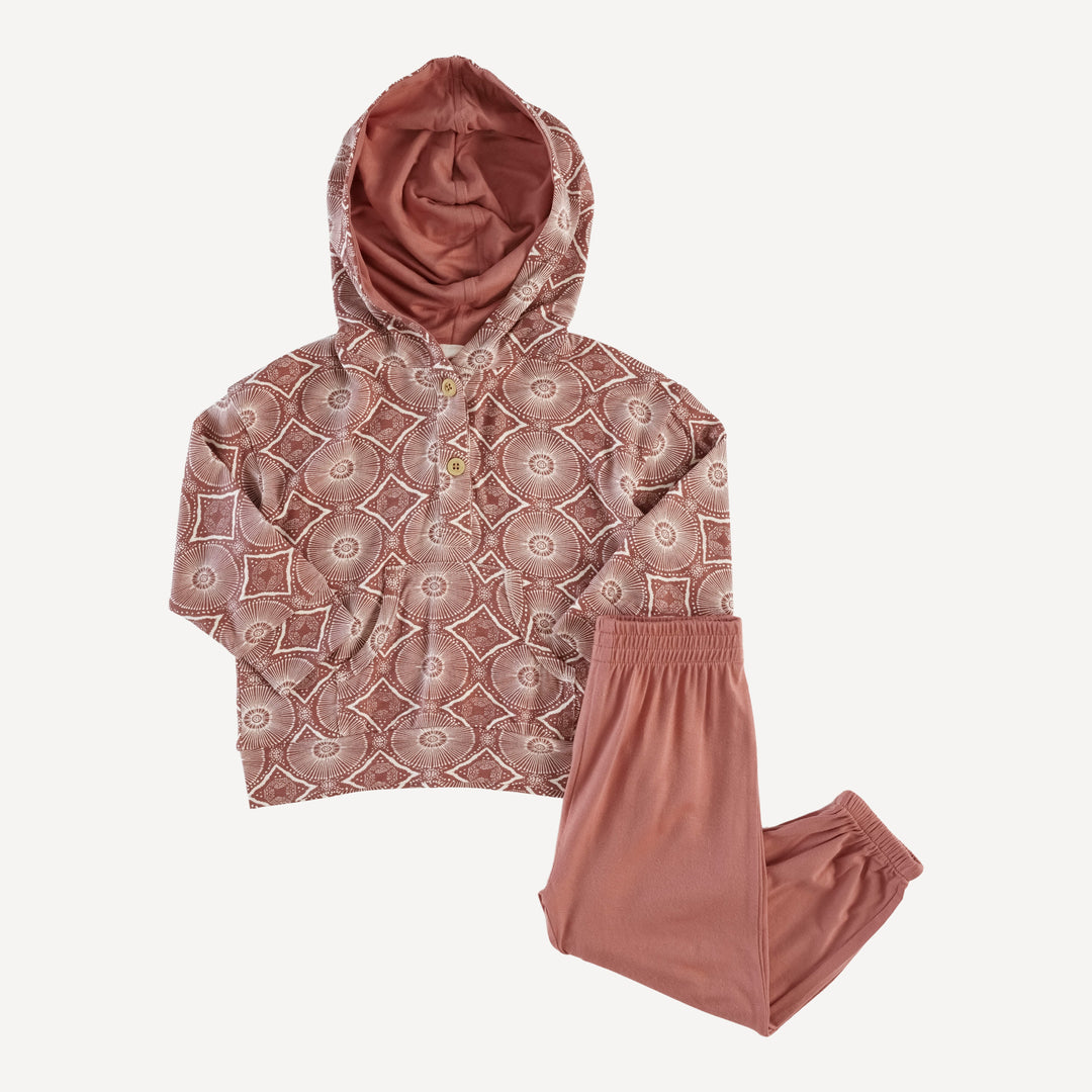 long sleeve boxy henley kanga hoodie + relaxed jogger set | cedar batik | modal