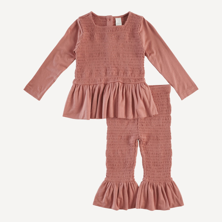 long sleeve smocked ruffle top and pant set | cedar | modal