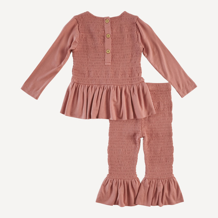 long sleeve smocked ruffle top and pant set | cedar | modal