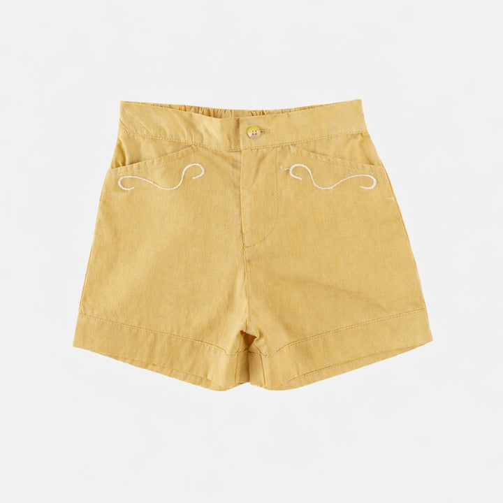embroidered cuffed pocket short | new wheat | organic cotton gauze