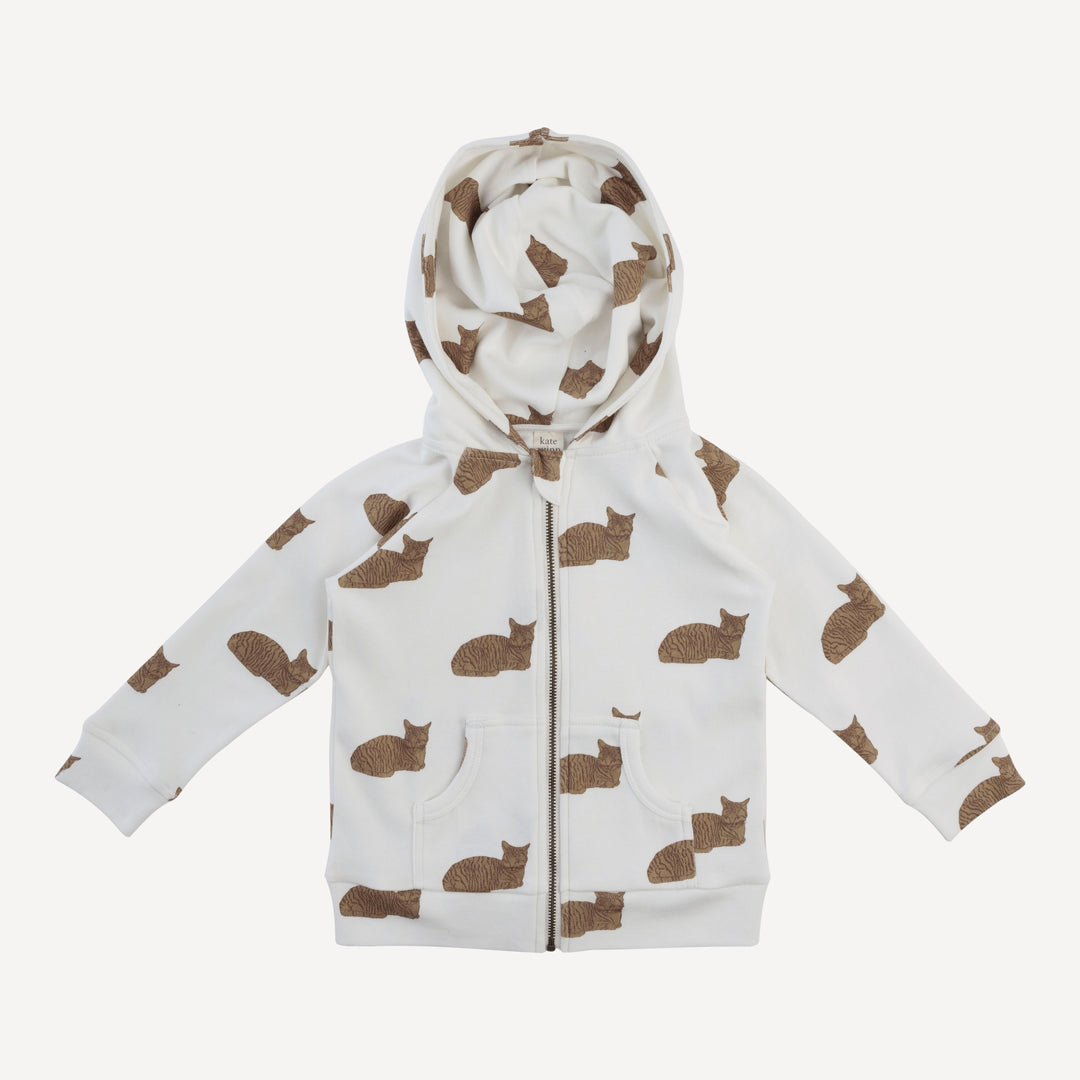 zip front pocket hoodie | chocolate cat | organic cotton interlock