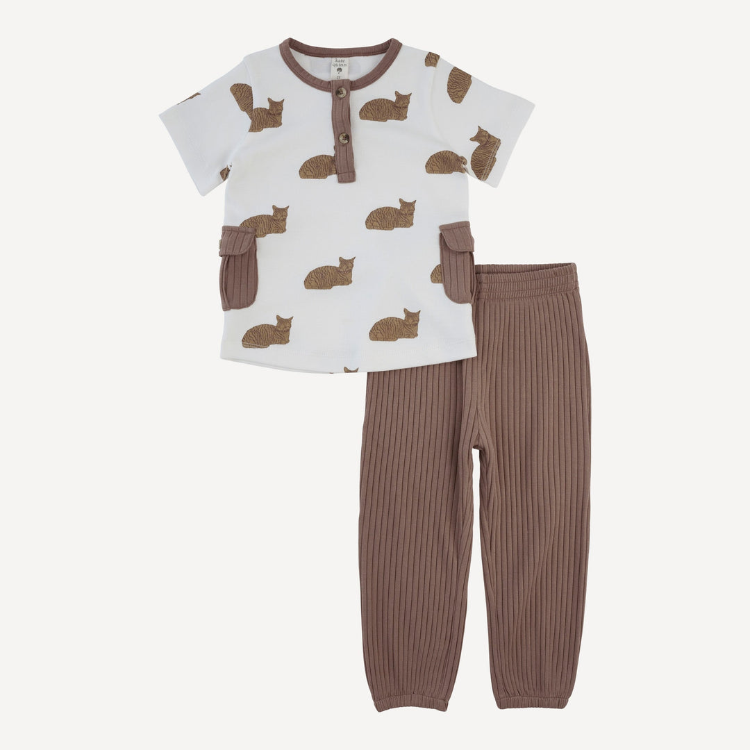 short sleeve cargo pocket tee + relaxed jogger set | chocolate cat | organic cotton interlock