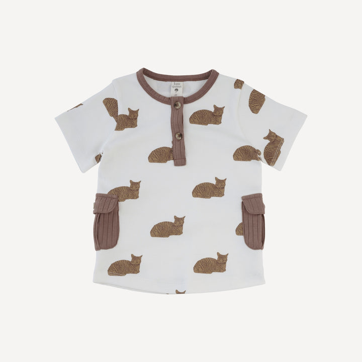 short sleeve cargo pocket tee + relaxed jogger set | chocolate cat | organic cotton interlock