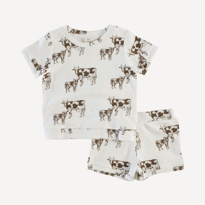 retro shortie short + short sleeve topstitch tee set | cow & calf | organic cotton jersey