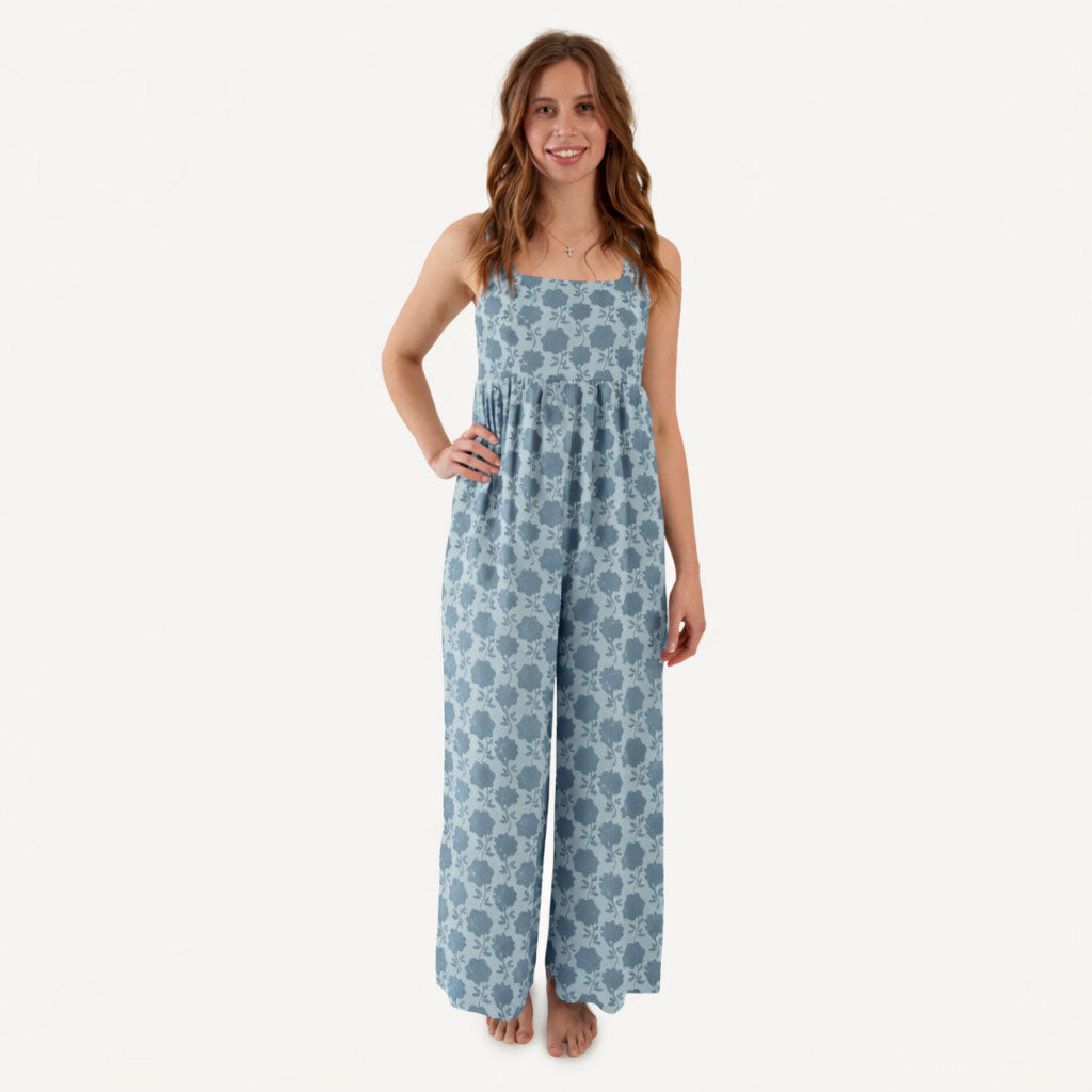 womens high waist jumpsuit | blue calico | organic cotton jersey