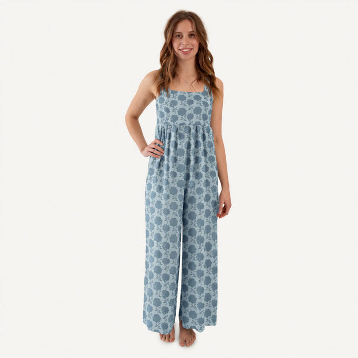 womens high waist jumpsuit | blue calico | organic cotton jersey