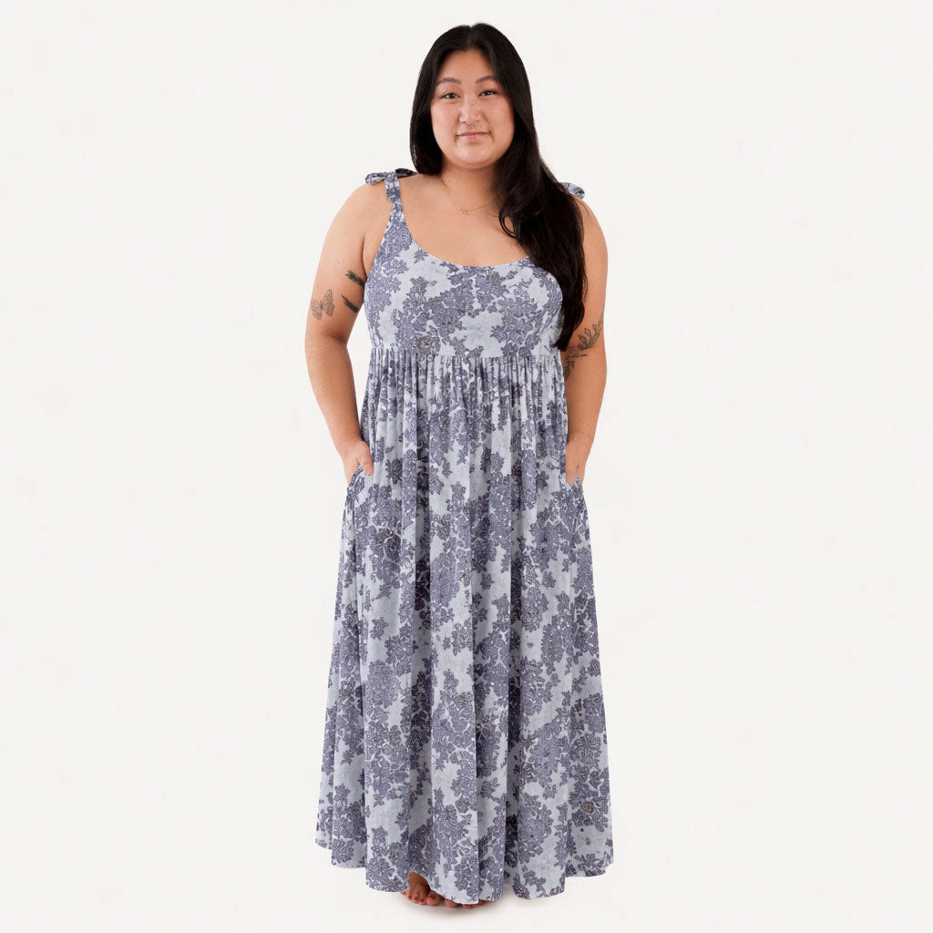 womens spaghetti tie prairie dress | lavender wildflower | organic cotton gauze