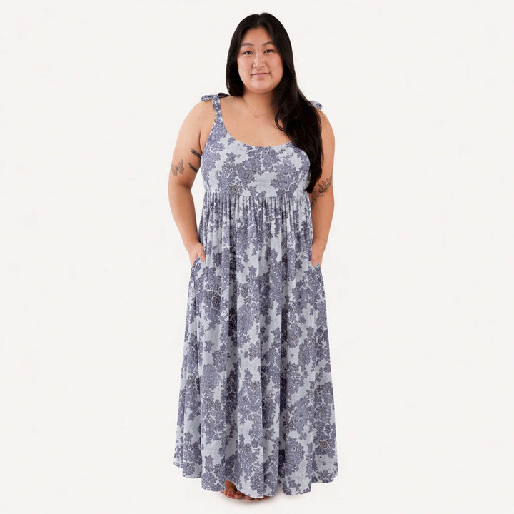 womens spaghetti tie prairie dress | lavender wildflower | organic cotton gauze