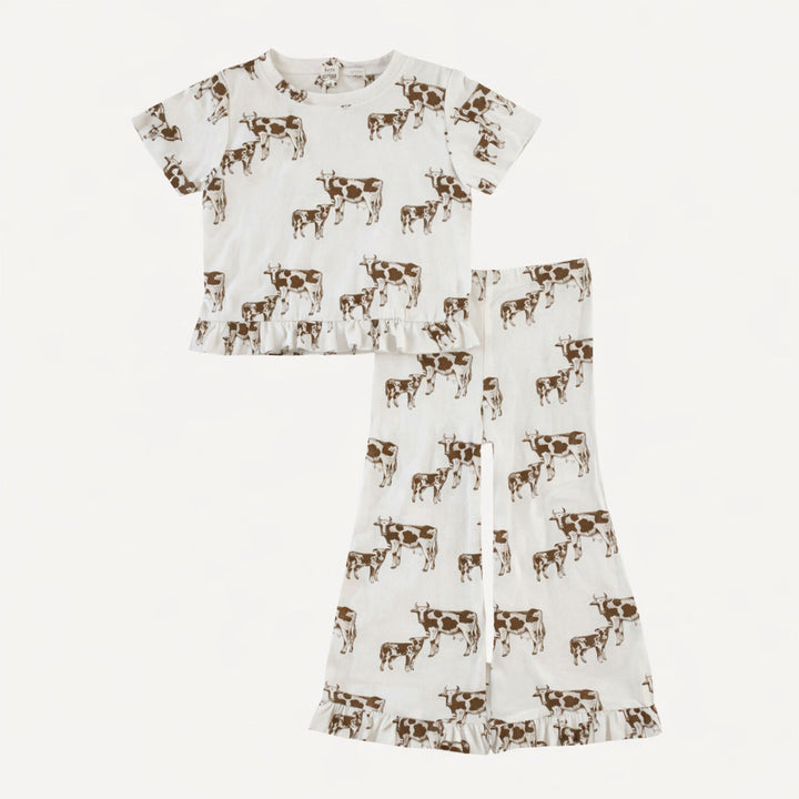 short sleeve cropped ruffle tee + flare pant set | cow & calf | organic cotton jersey