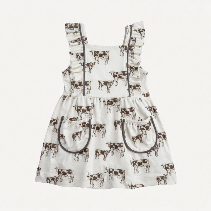 piped flutter pinafore pocket dress | cow & calf | organic cotton jersey