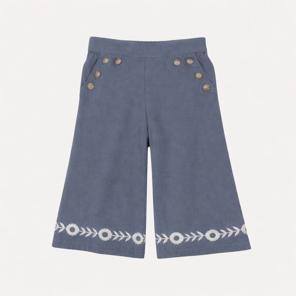 embroidered piped sailor pant | london blue | organic cotton gauze