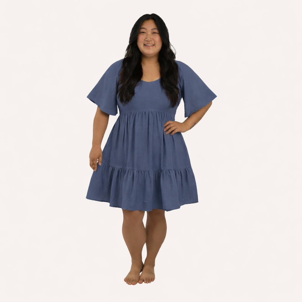 womens flutter sleeve smocked short dress | london blue | organic cotton gauze