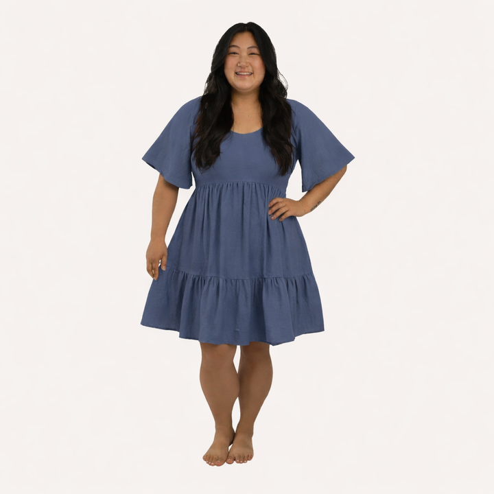 womens flutter sleeve smocked short dress | london blue | organic cotton gauze