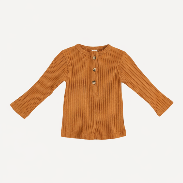 long sleeve basic henley tee | caramel | organic cotton wide rib