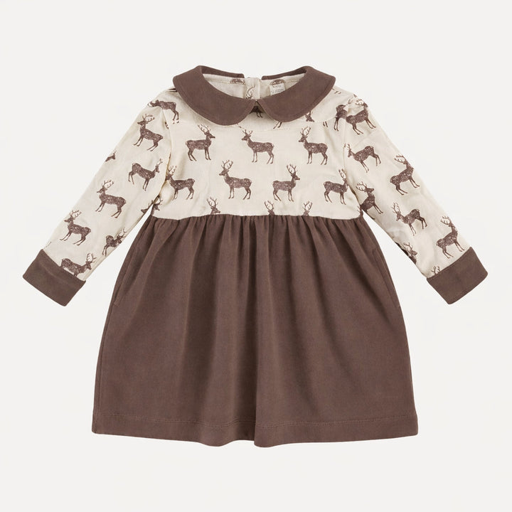 long sleeve peter pan party dress | coffee reindeer | organic cotton flat rib