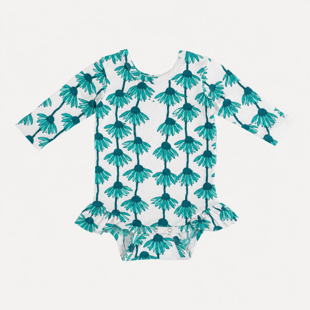 PREORDER long sleeve ruffle leg bodysuit | teal echinacea | bamboo