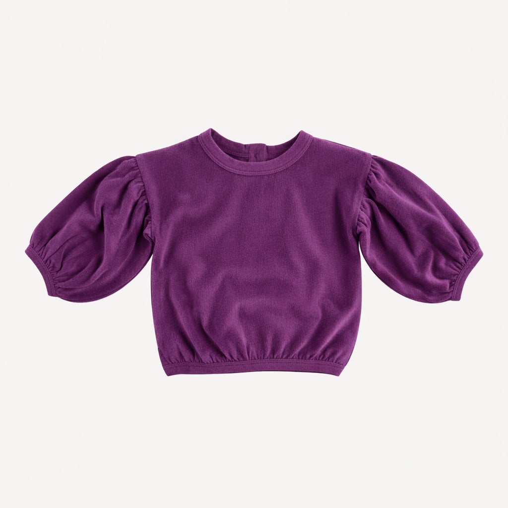 long sleeve gathered balloon tee | amethyst | organic cotton velour