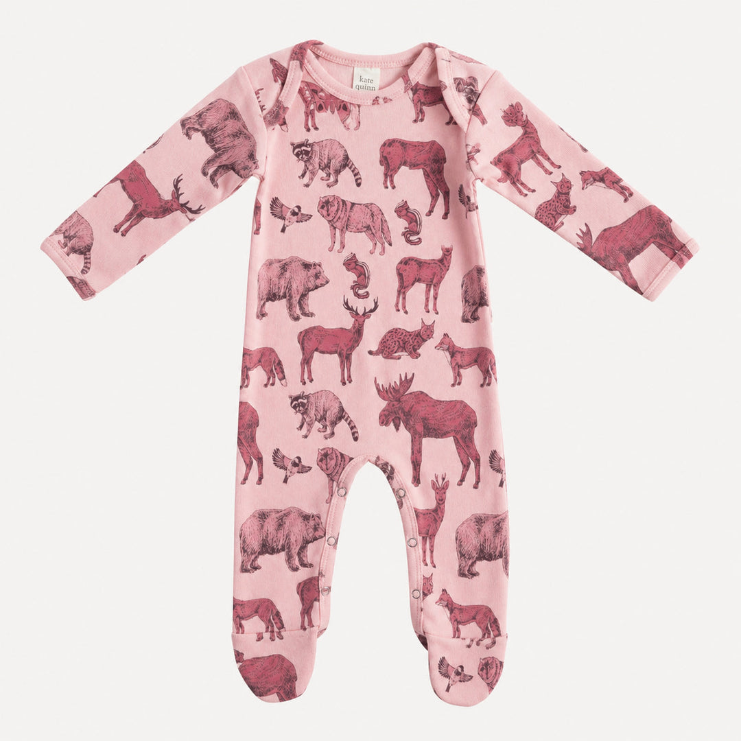 PREORDER long sleeve lap neck footie | pink forest animals | organic cotton interlock