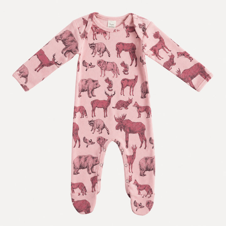 PREORDER long sleeve lap neck footie | pink forest animals | organic cotton interlock
