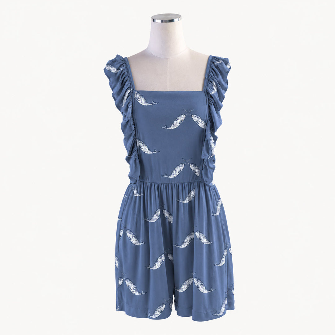 PREORDER womens pinafore ruffle romper | narwhal | modal