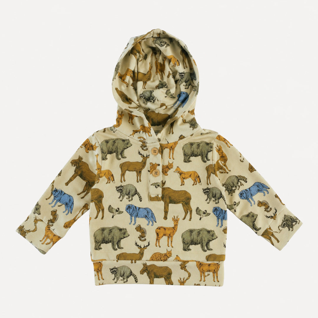 PREORDER long sleeve henley hoodie | forest animals | organic cotton interlock