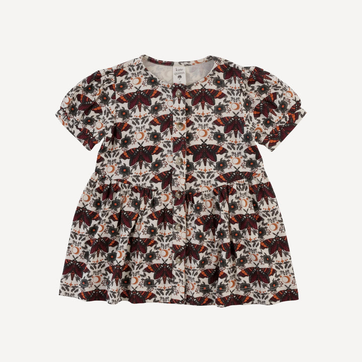 short sleeve button front v-waist top | dark butterfly night | bamboo