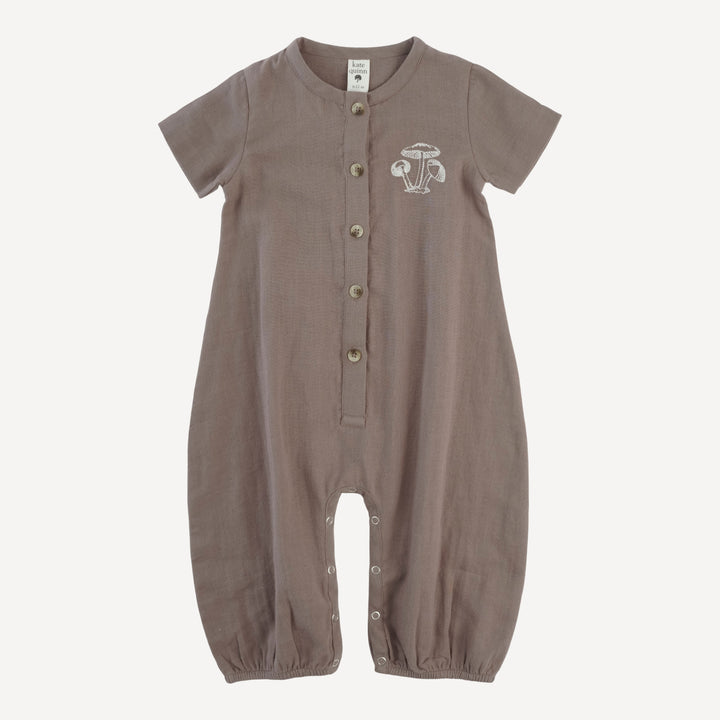 short sleeve embroidered button bubble jumpsuit | dark truffle | organic cotton gauze