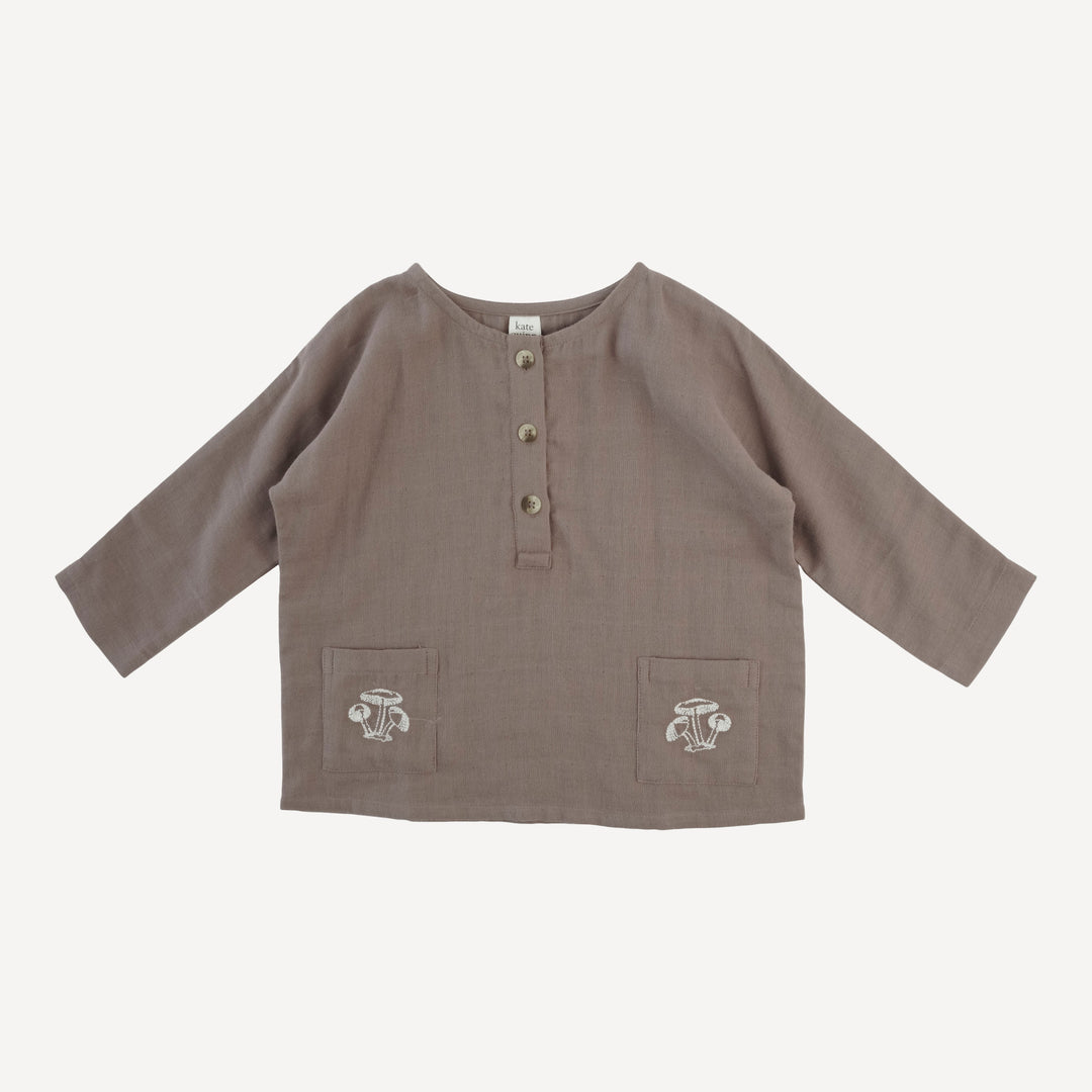 long sleeve embroidered oversized henley pocket tee | dark truffle | organic cotton gauze
