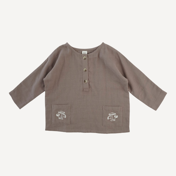 long sleeve embroidered oversized henley pocket tee | dark truffle | organic cotton gauze