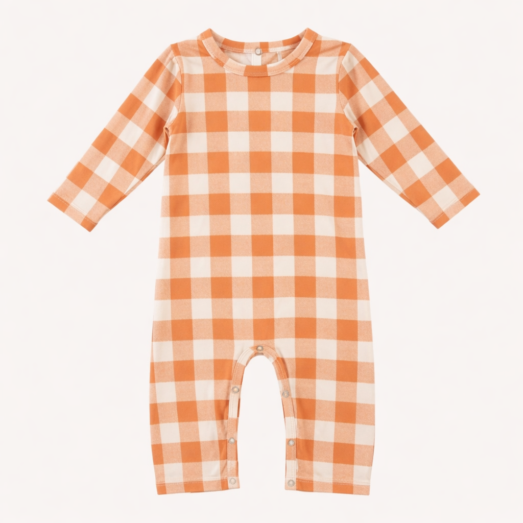 long sleeve crew neck jumpsuit | caramel gingham | organic cotton interlock