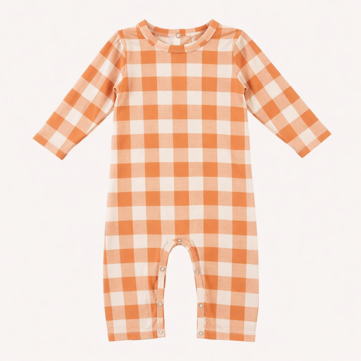 long sleeve crew neck jumpsuit | caramel gingham | organic cotton interlock