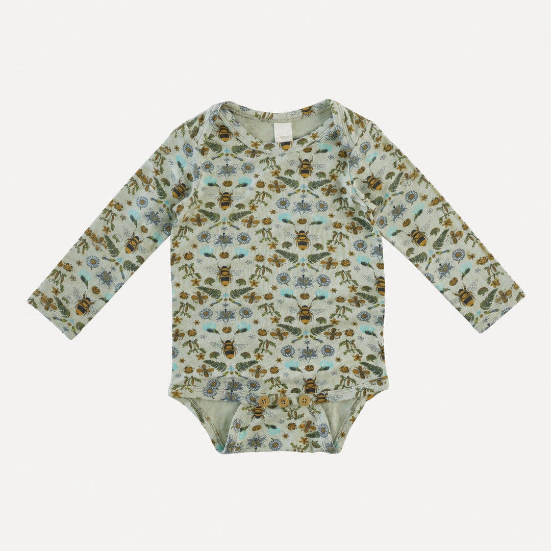 PREORDER long sleeve lap neck bodysuit | green litho bee | bamboo