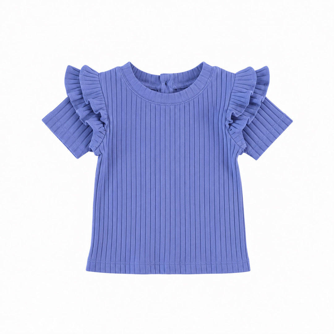 PREORDER short sleeve double ruffle shoulder top | periwinkle | organic cotton wide rib
